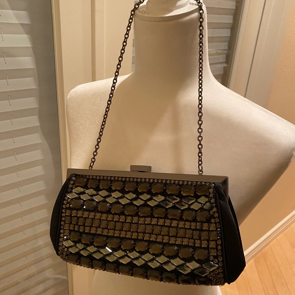 BCBG Elegant Black/Brown Beaded Clutch With Gun Metal Chain